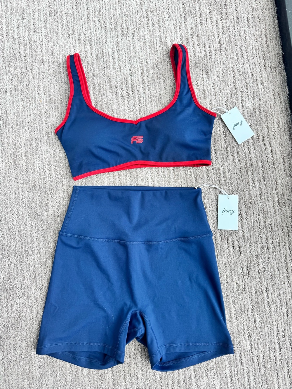 Fancy the Brand Blue & Red Active Sports Bra and High-Waist Shorts Set